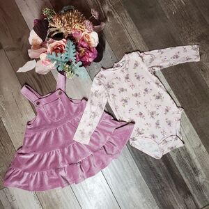 Tahari Baby Girl Purple Floral Ribbed Dress & Bodysuit Girls Outfit Size 6-9m